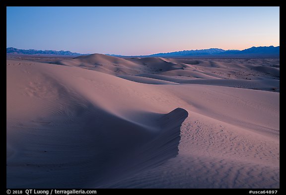 Cadiz Wilderness Sand Dunes and Shiphole Mountains at dusk. Mojave Trails National Monument, California, USA (color)