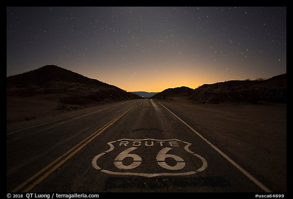 Historic Route 66 marker at night. Mojave Trails National Monument, California, USA