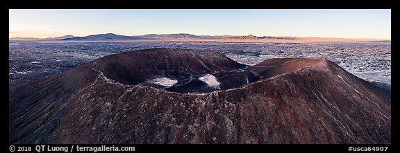 Aerial panoramic view of Amboy Crater and Bullion Mountains at sunrise. Mojave Trails National Monument, California, USA