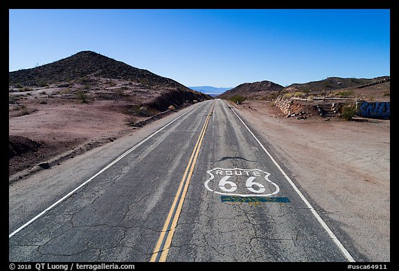 Aerial view of Route 66 with marker. Mojave Trails National Monument, California, USA