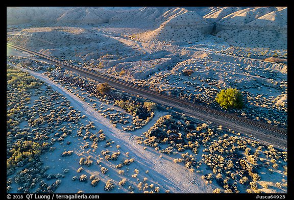Aerial view of road and railroad tracks, Afton Canyon. Mojave Trails National Monument, California, USA (color)