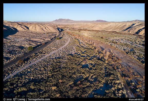 Aerial view of After Canyon with road and railroad. Mojave Trails National Monument, California, USA (color)