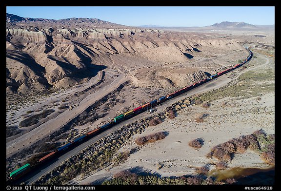 Aerial view of train in Afton Canyon. Mojave Trails National Monument, California, USA (color)