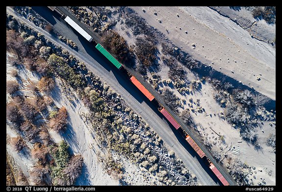 Aerial view of train looking down. Mojave Trails National Monument, California, USA