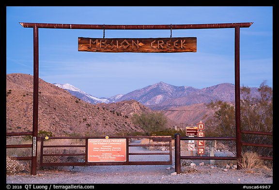 Entrance gate at dawn, Mission Creek Preserve. Sand to Snow National Monument, California, USA (color)