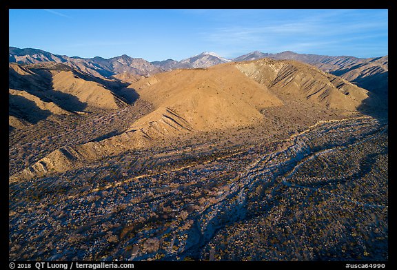 Aerial view of valley with San Gorgonio Mountain in the distance, Mission Creek Preserve. Sand to Snow National Monument, California, USA (color)