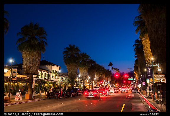 Palm Canyon Drive, main street of Palm Springs at night. California, USA (color)