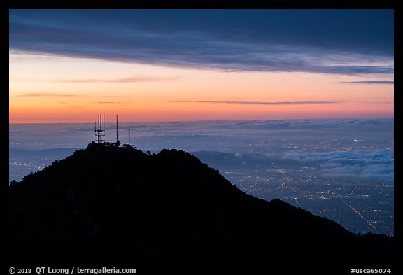 Mount Wilson antennas and Los Angeles with fog at sunrise. San Gabriel Mountains National Monument, California, USA