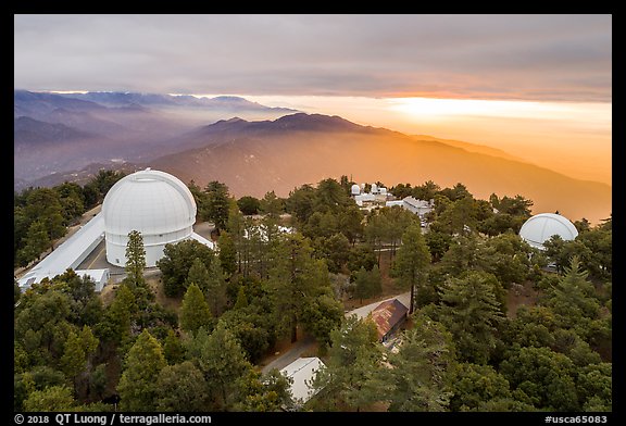 Aerial view of Mount Wilson observatory at sunrise. San Gabriel Mountains National Monument, California, USA (color)