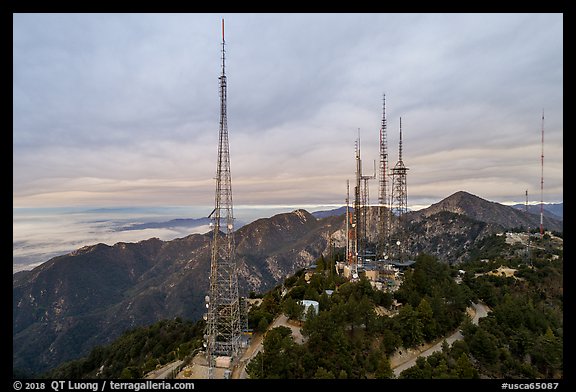 Aerial view of media transmitters on Mount Wilson. San Gabriel Mountains National Monument, California, USA (color)