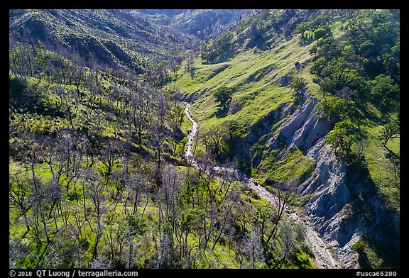 Aerial view of bluff and creek, Cache Creek Wilderness. Berryessa Snow Mountain National Monument, California, USA (color)
