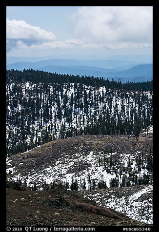 Forested ridges with snow from Snow Mountain. Berryessa Snow Mountain National Monument, California, USA (color)