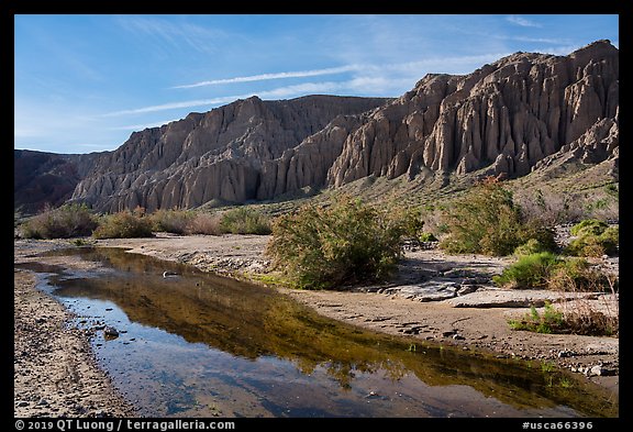 Afton Canyon cliffs reflected in shallow Mojave River. Mojave Trails National Monument, California, USA