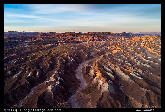 Aerial view of Afton Canyon badlands at sunrise. Mojave Trails National Monument, California, USA (color)