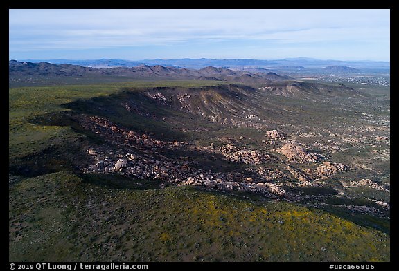 Aerial view of Black Lava Butte and boulders. Sand to Snow National Monument, California, USA