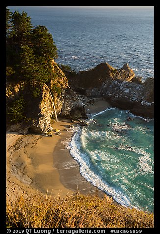 Cove and McWay waterfall dropping on beach, Julia Pfeiffer Burns State Park. Big Sur, California, USA (color)