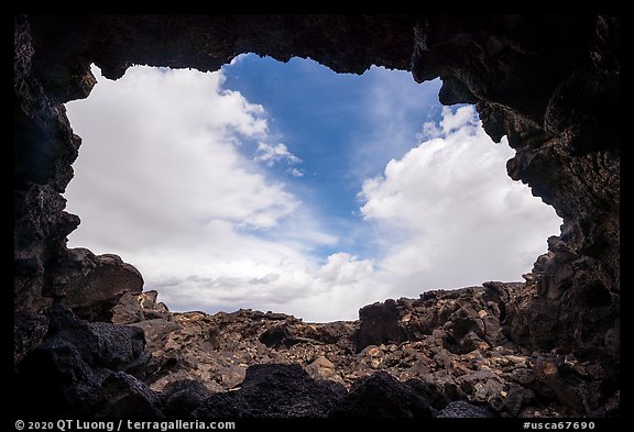 Sky from opening of lava tube cave, Pisgah lava field. Mojave Trails National Monument, California, USA