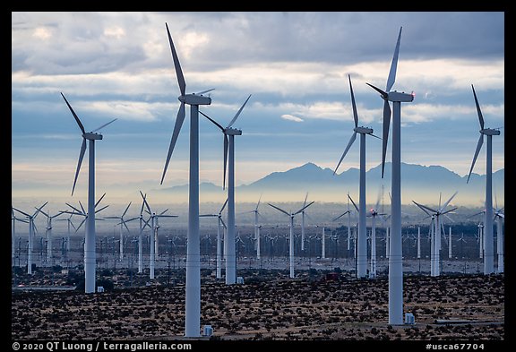 Wind turbines above Coachella Valley at sunrise. California, USA