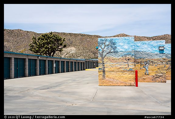 Self-storage units with Joshua trees, Yucca Valley. California, USA