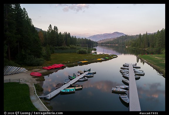 Aerial View of docks and boats in Hume Lake. Giant Sequoia National Monument, Sequoia National Forest, California, USA (color)