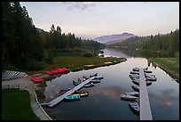 Aerial View of docks and boats in Hume Lake. Giant Sequoia National Monument, Sequoia National Forest, California, USA ( color)