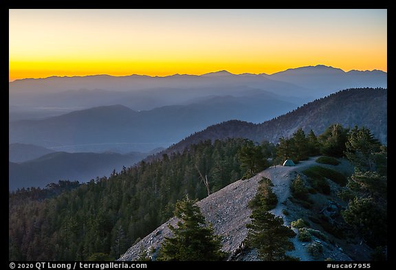 Tent on Devils Backbone with ridges at sunrise. San Gabriel Mountains National Monument, California, USA (color)