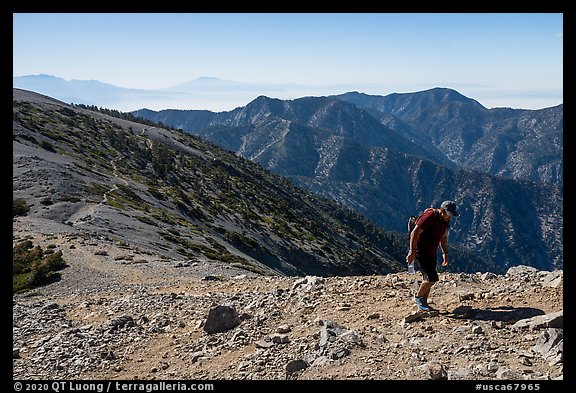 Hiker on Mt Baldy's Devils Backbone. San Gabriel Mountains National Monument, California, USA (color)