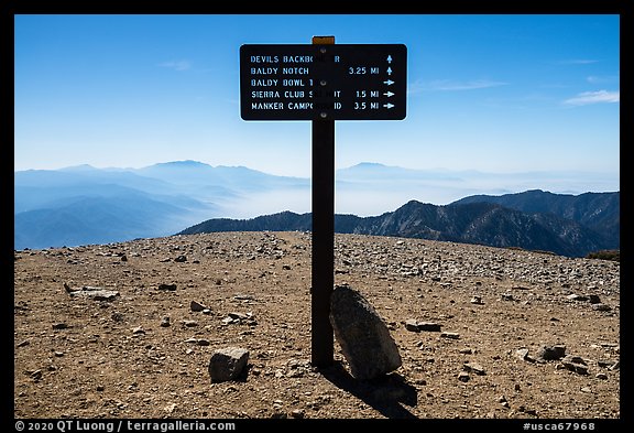 Sign on top of Mount Baldy. San Gabriel Mountains National Monument, California, USA (color)