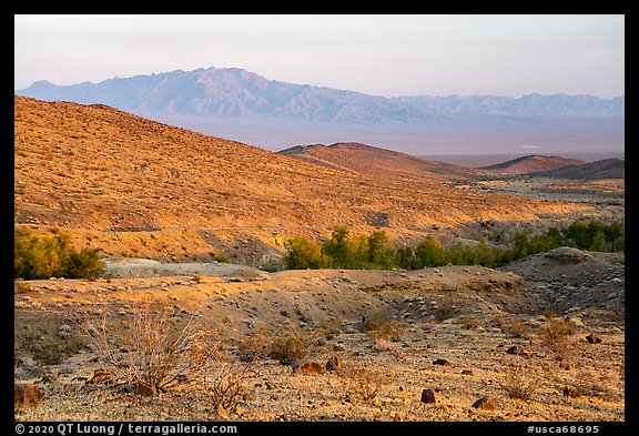 Mojave Desert hills and mountains with Bonanza Springs. Mojave Trails National Monument, California, USA