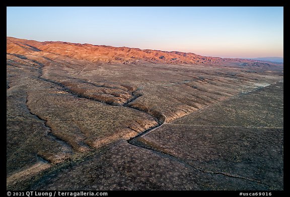 Aerial view of Wallace Creek and San Andreas Fault at sunset. Carrizo Plain National Monument, California, USA