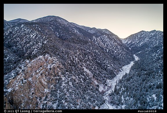 Aerial view of Valley of the Falls and snowy San Gorgonio Mountain range. Sand to Snow National Monument, California, USA