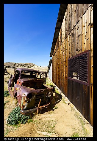 Rusted truck and barn, Selby Ranch. Carrizo Plain National Monument, California, USA (color)