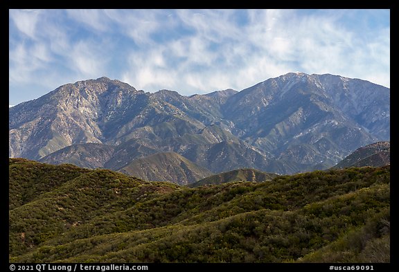 Back range mountains from Glendora Ridge. San Gabriel Mountains National Monument, California, USA (color)