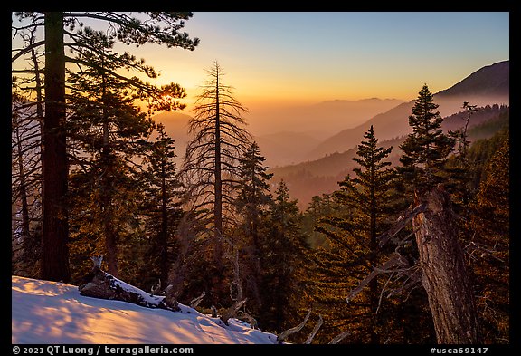 Looking down Valley of the Falls, winter sunset. Sand to Snow National Monument, California, USA