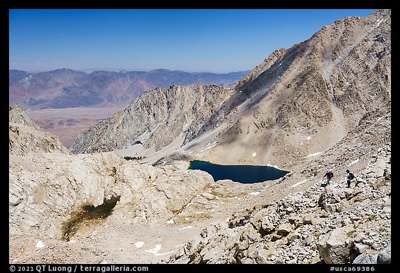 Hikers on the switchbacks between Trail Camp and Trail Crest, Inyo National Forest. California