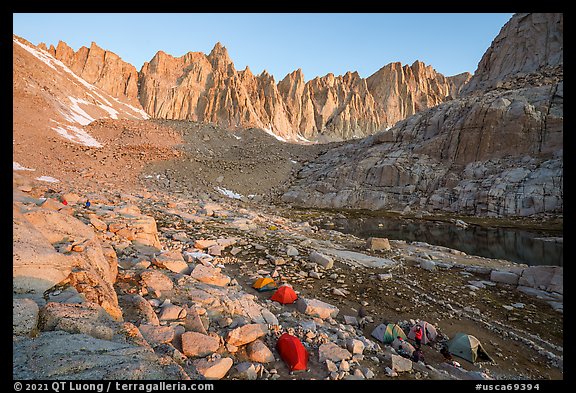 Tents and campers at Trail Camp, sunrise, Inyo National Forest. California (color)