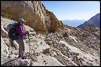 Backpacker on trail to Mt Whitney, Inyo National Forest. California ( color)