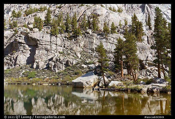 Cliffs and trees reflected in Mirror Lake, Inyo National Forest. California, USA (color)