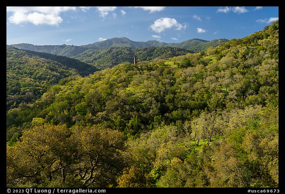 Hillsides in spring with Almaden Quicksilver Chimney, Almaden Quicksilver County Park. San Jose, California, USA (color)
