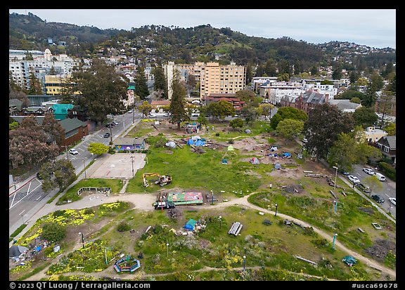 Aerial view of Peoples Park looking towards the hills. Berkeley, California, USA
