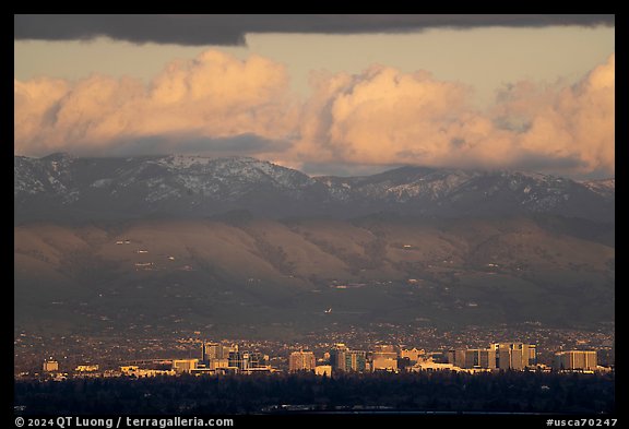 Downtown San Jose skyline and snowy Mt Hamilton. San Jose, California, USA
