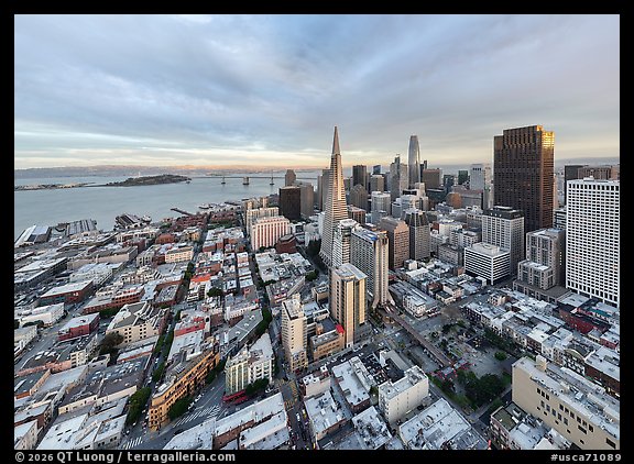 Aerial view of downtown and Bay at sunset. San Francisco, California, USA (color)