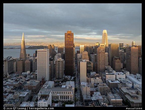 Aerial view of financial district at sunset. San Francisco, California, USA (color)