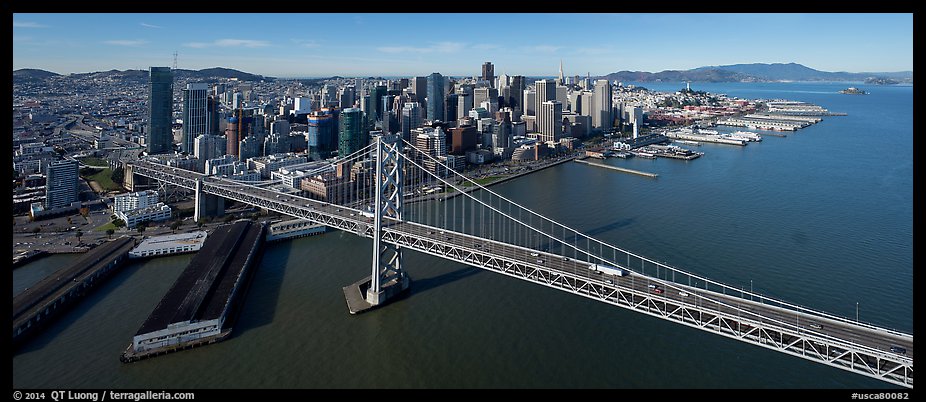 Aerial view of Bay Bridge and downtown skyline. San Francisco, California, USA