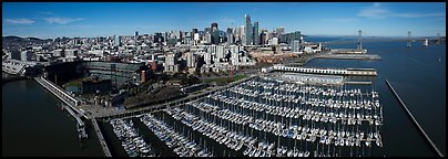 Aerial view of South Beach Harbor, ATT Park, and downtown skyline. San Francisco, California, USA (Panoramic color)