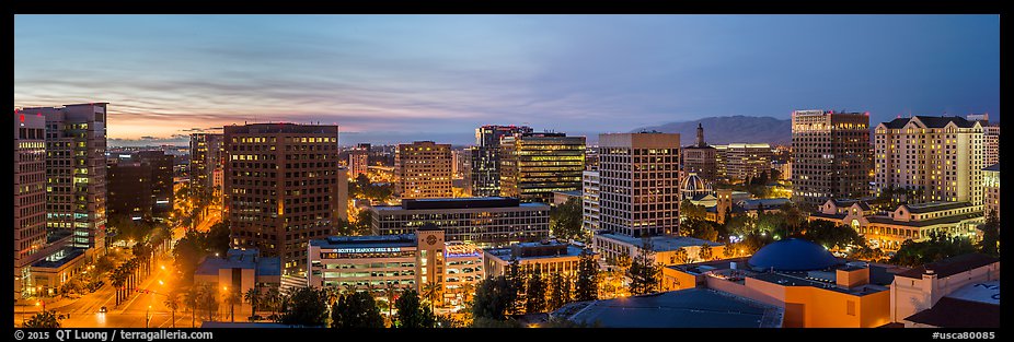 San Jose skyline at dusk from Adobe building to Fairmont hotel. San Jose, California, USA (color)
