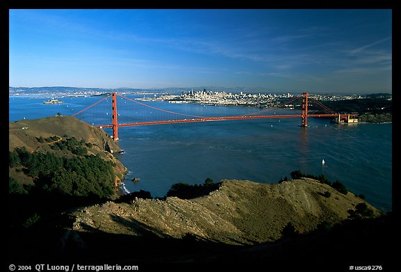 Golden Gate bridge  seen from Hawk Hill, afternoon. San Francisco, California, USA (color)