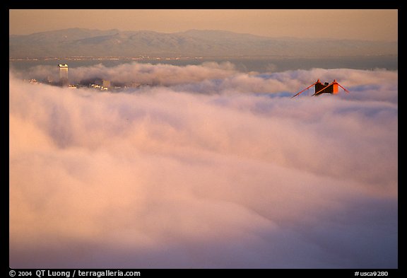 Pilar of the Golden Gate Bridge emerging from the fog at sunset. San Francisco, California, USA