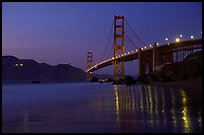 Golden Gate bridge and surf with light reflections, seen from E Baker Beach, dusk. San Francisco, California, USA