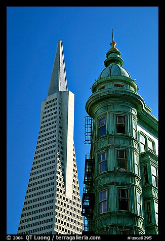 Columbus Tower and Transamerica Pyramid. San Francisco, California, USA (color)